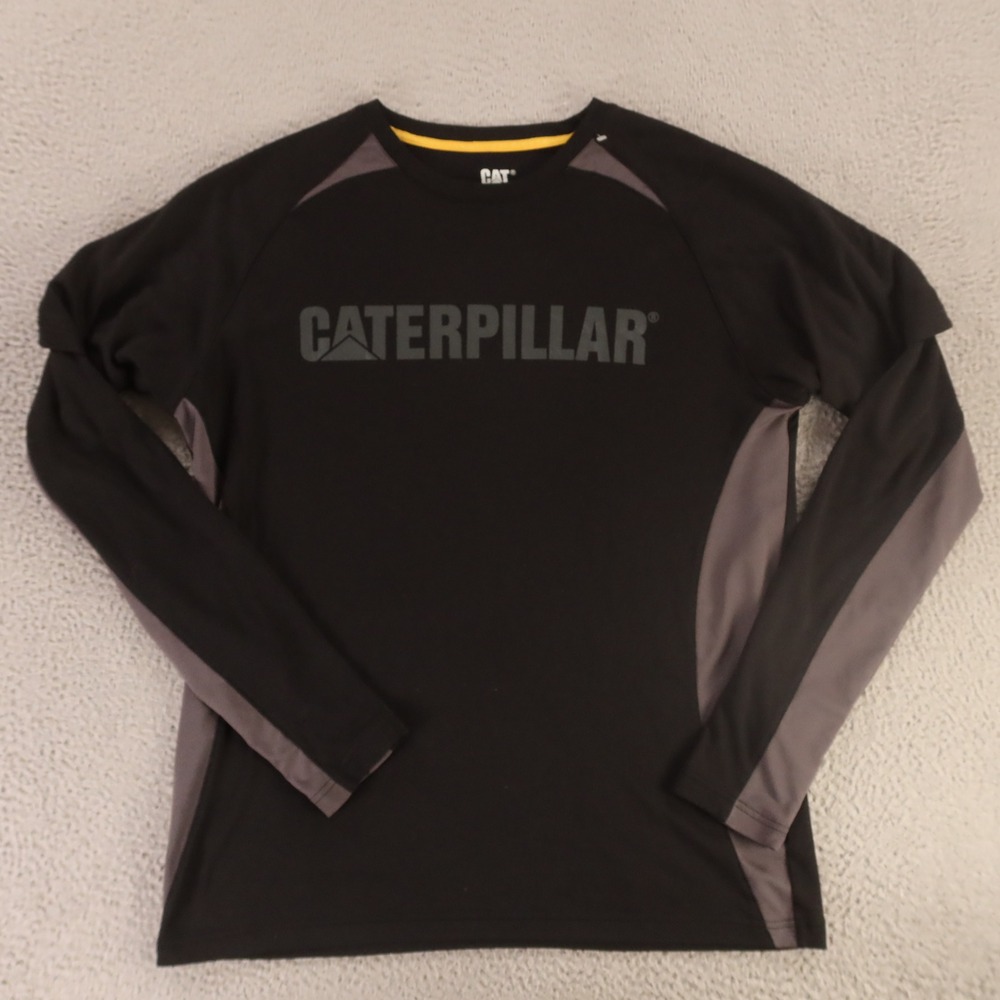 CAT‎ Shirt Mens L Black 100% Polyester Performance Long Sleeve Logo Raglan